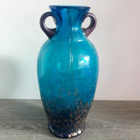 Dale Tiffany Favrile Amphora Art Glass Teal Blue Copper Aventurine 10" Vase EUC - Picture 4 of 10